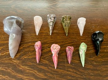 Carved Bird Skulls Including Black Obsidion, Rose Quartz, Druzy Agate & Ocean Jasper