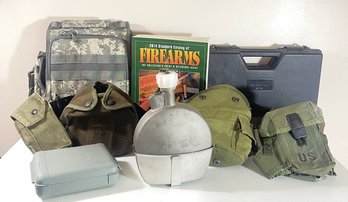Gun Cases And US Military Lot With Backpack, Belts, Canteen Marked WYOTT, Pouches And Other Items