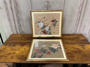 Lovely Asian Framed Floral Artwork On Material - Set/2 In Bamboo Style Gold Color Frames