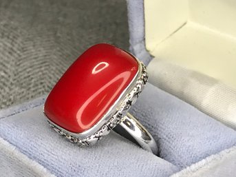 Very Lovely Brand New 925 / Sterling Silver Cocktail Ring With Rectangular Highly Polished Red Coral Stone