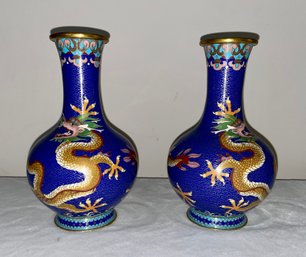 Pair Of Vintage Chinese Cloisonne Dragon Vases