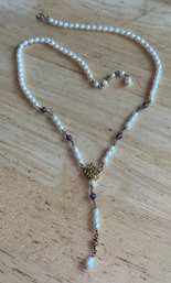 Gorgeous Sterling 925 FM Crown Pearl Amethyst And Diamond Necklace