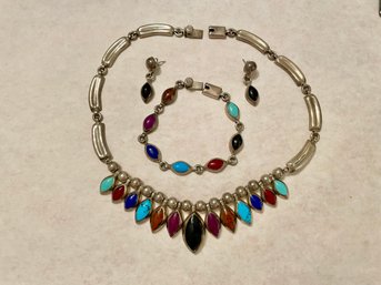 Fabulous Sterling & Polished Stone Necklace, Bracelet & Earrings From Mexico