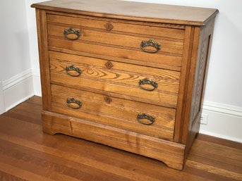 Handsome Antique Victorian Eastlake Style Three Drawer Chest In Chestnut - Original Brass Drawer Pulls