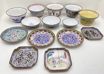 14 Antique Chinese Canton Enamel On Metal Bowls & Plates