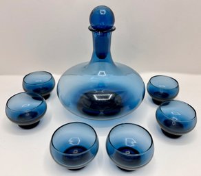 Vintage Set Hand Blown Blue Glass Decanter & 6 Shot Glasses, Appears Unused