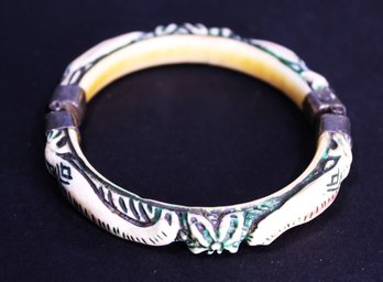 Vintage Sterling Silver Hand Carved Bone Hinged Bangle Bracelet W Animals