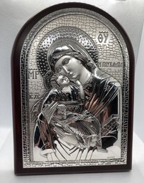 Very Fine Signed GREEK BYZANTINE Sterling Silver Icon Plaque With The Madonna And Infant Jesus