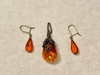 Art Nouveau Amber Style Pendant & Drop Earrings