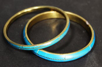 Pair Brass Bangle Bracelets Having Blue Colored Shell Inlay