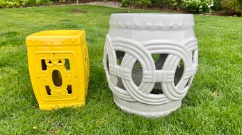 Distressed Glazed White Porcelain Barrel Garden Seat / Side Table And Yellow Square Glazed Garden Stool