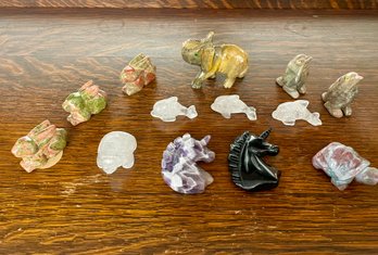 Small Carved Animals Including Dream Amethyst Unicorn Head & Unakite Bunnies