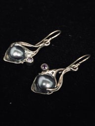 Silver Dangle Earrings Dark Pearl Earrings 524