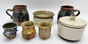 Handmade Ceramics, Signed By Artists: 3 Cups With Faces, 2 Mugs, Sugar Bowl & Small Bowl (7 Pieces)