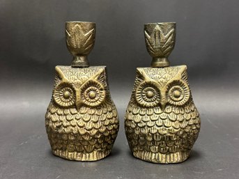 A Fun Pair Of Gold Owl Candleholders In Cast Metal