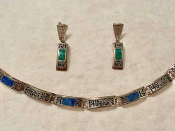 Coordinating Mexican Silver Bracelet & Earrings Featuring Blue And Green Inlaid Stones