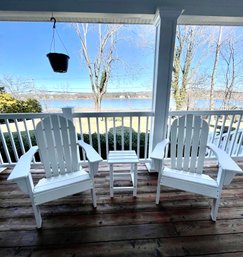 Pair Of White Resin Teak Adirondack Chairs & Small Side Table - Purchased In 2023