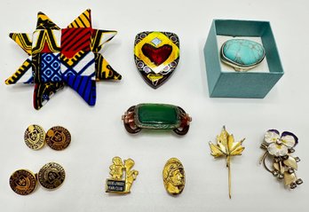 7 Pins Including Bert & Harry Piels Fan Club, Fordham University Cuff Links & Lucky Jeans Ring Size 7