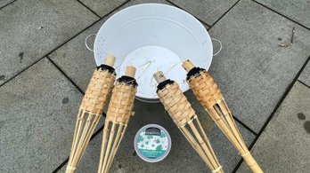 Set Of Four Tiki Torches, Beverage Bin And Citronella Candle