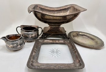 Large Silver Plate Bowl, Sugar Bowl & Creamer & 2 Small Platters