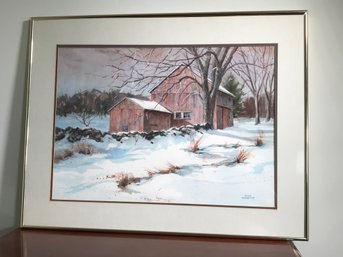 Paid $325 - Beautiful Original Watercolor WINTER FARM By Listed Artist RUTH NEWQUIST 1931-2024 - Newtown, CT