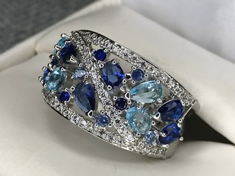 Wonderful Brand New 925 / Sterling With All Blue Gemstone Ring Light & Dark Blue Topaz - Aquamarine -  NICE !