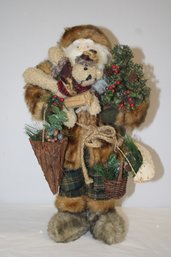 Vintage 18' Christmas Santa In Fur & Holding A Teddy Bear