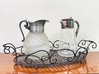 Vintage Glass Pitchers And A Wrought Iron Tray