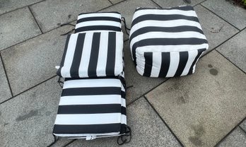 Outdoor Black And White Striped Cushion Poof Seat, Pair Of Bench Cushions And More