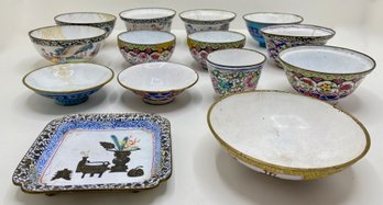 Antique Chinese Canton Enamel On Metal Bowls & Plate