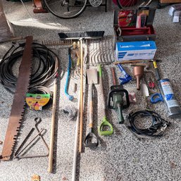 Collection Of Gardening Tools, Antique Saw, Hedge Trimmer And More