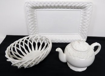 Tiffany And Co. Italian Made Pottery Platter And 2 Other Pieces Of Italian Pottery Teapot & Basket