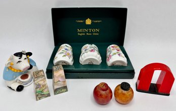 Vintage Salt & Pepper Shakers: Bakelite, Mother Of Pearl, Minton English Bone China With Mustard Jar & More