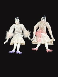 Pair Of Quirky 19' Porcelain / Cotton Display Dolls Dressed From The 1920's