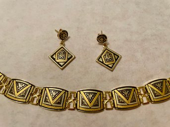 Gold Tone & Black Geometric Designed Bracelet & Earring Set