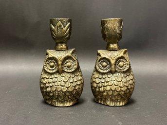 A Smaller Pair Of Gold Owl Candleholders In Cast Metal