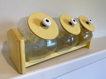 3 Glass Penny Candy Jars 18x8x9 On Yellow Wood Display