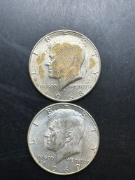 2 Kennedy Half Dollars 40 Silver 1968-D, 1969-D