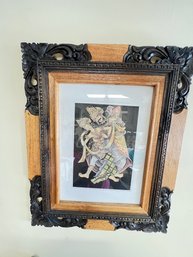 Framed Asian Art In Carved Wood Frame