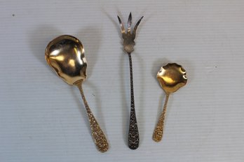 Group Of Three Rare Antique Stieff Sterling Silver Spoons And Fork - 160 Grams