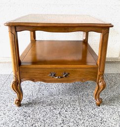 Vintage Fruitwood Accent Table W/ Faux Drawer Lock