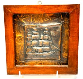 Vintage Wood-framed Schooner Embossed In Copper