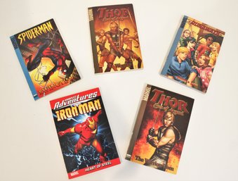 5 Marvel Adventures Paperback Books Spider Man- Swingtime, Iron Man - Heart Of Steel, Thor - Worthy, More