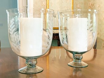 A Pair Of Large Candle Etched Glass Sconces By Pottery Barn With Beeswax Pillars