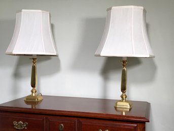 Very Nice Pair Of High Quality Brass Table Lamps With Of White Panel Shades - You Are Buying The Pair !