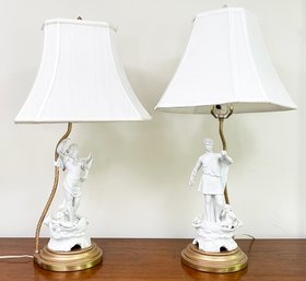 A Pair Of Ceramic Figural Lamps On Gilt Wood Bases