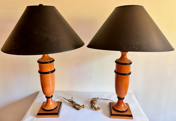 Pair Vintage Hand Turned Wooden Table Lamps With Shades