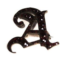 Antique Victorian 'A' Monogram Silver Brooch In Bohemian Garnets (missing One Stone)