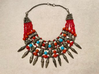 Coral & Turquoise Tibetan Tribal Style Collar Necklace