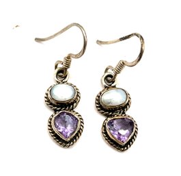 Vintage Sterling Silver White And Purple Color Stone Dangle Earrings